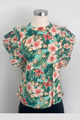 Buy mint-multi Blusa de flores con manga corta plizada