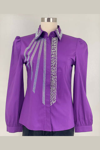 Comprar purple Top elegante manga larga cuello y diseño con perlas