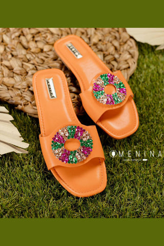 Comprar naranja Sandalias Flip Flop elegantes con detalle de brillantes