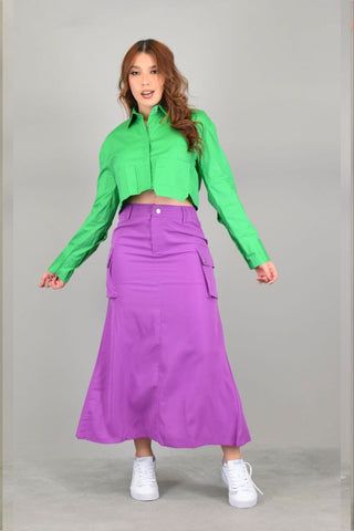 Buy purple Falda larga de botones con abertura y bolsillos laterales