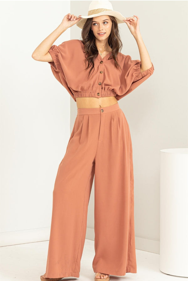 Button Front Top and Wide Pant Set