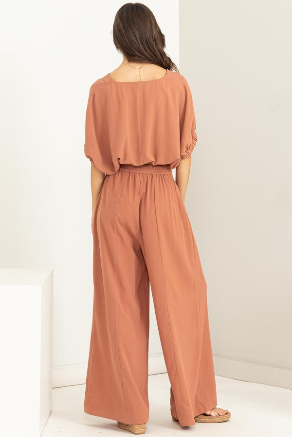 Button Front Top and Wide Pant Set