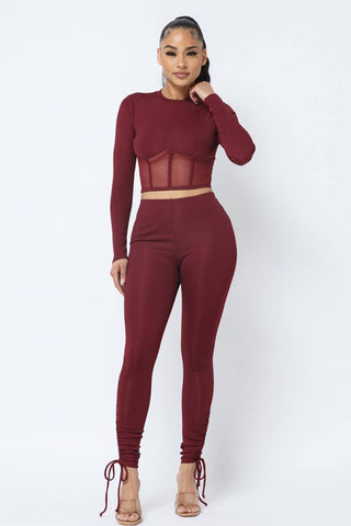 Buy burgundy CORSET STYLE TOP LONG SLEEVE FITTED LEGGING SET