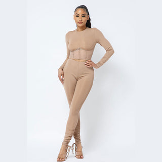 Buy crema CORSET STYLE TOP LONG SLEEVE FITTED LEGGING SET