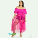 TRANSPARENT FUCHSIA LONG TOP WITH SIDE BOW AND BARE SHOULDERS