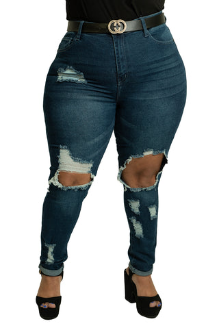 High-waisted skinny plus jean with scuffs