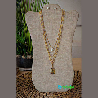 Buy gold SET OF TRIPLE CHAINS WITH PEARL PENDANT AND EARRINGS