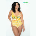 YELLOW ONE PIECE SWIMSUIT WITH DENOUNCED NECKLINE WITH FLORAL AND STRIPES SCORED BOW