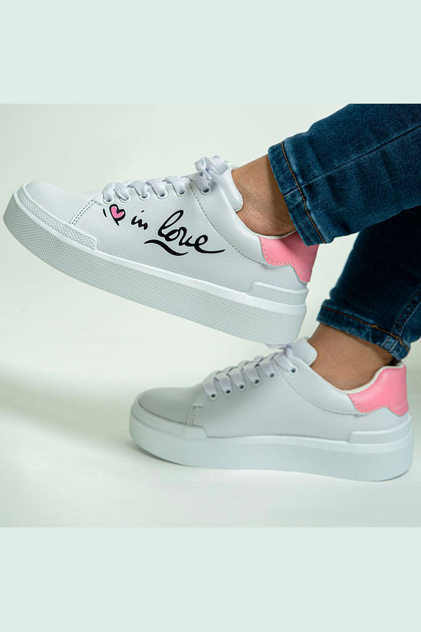 White sneakers with color detail and In love design