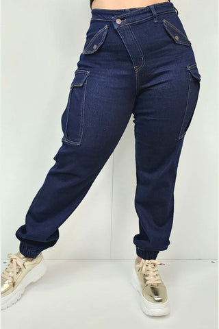 Comprar dark-denim Jean de tiro alto con resorte en los tobillos y bolsillos laterales