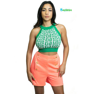 Buy coral HIGH WAIST SHORTS WITH BUTTONS