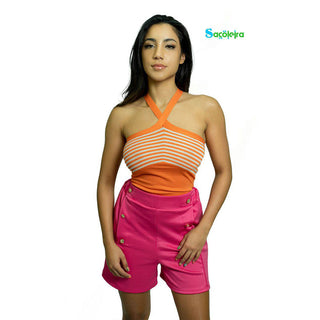 Buy orange STRIPED CROSS-BACK FITTED TOP