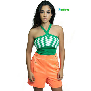 Buy orange HIGH WAIST SHORTS WITH BUTTONS
