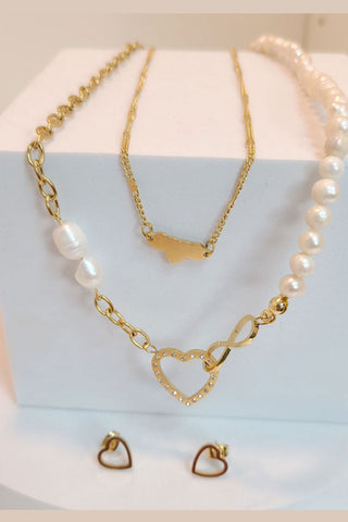 Comprar gold Set de collar con perlas dijes de corazón e infinito y aretes