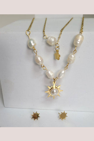 Comprar gold Set de collar doble con perlas y aretes con dijes de sol