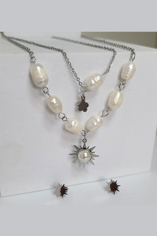 Comprar silver Set de collar doble con perlas y aretes con dijes de sol