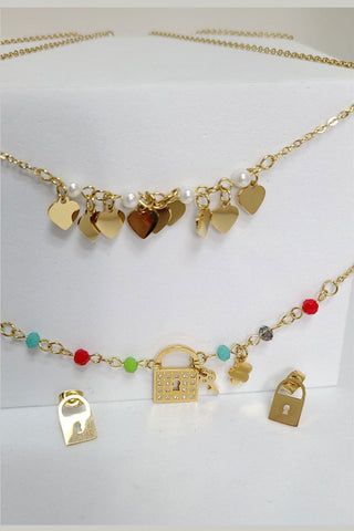 Comprar gold Set de collar en 2 niveles con dijes de corazón candado llaves y aretes de candado