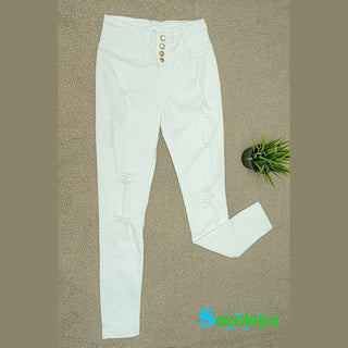 Buy white HIGH WAISTED WHITE JEANS WITH WORN BUTTONS
