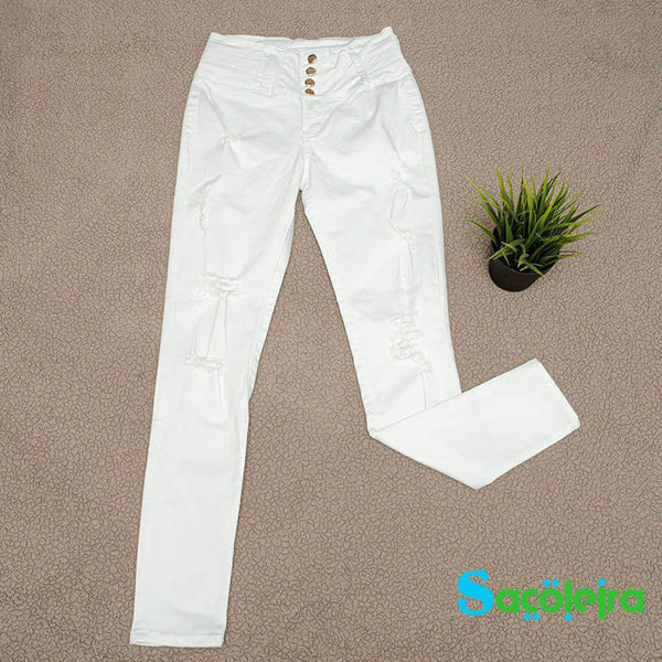 HIGH WAISTED WHITE JEANS WITH WORN BUTTONS