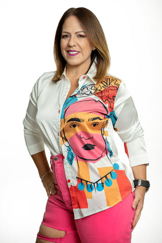 Frida Kahlo side print button down long sleeve blouse
