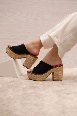 Buy black Swedish style heels with braided jute sole