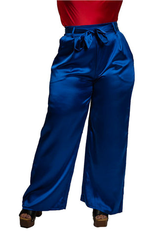 Buy blue Pantalón satinado bota ancha y cinturón