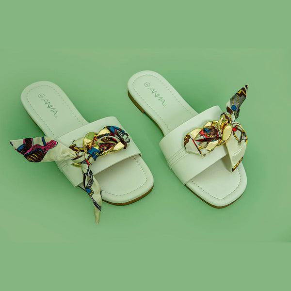 GETAWAY-1 WHITE FLAT SANDALS WITH FABRIC DECORATION