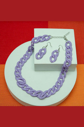 Buy pu-purple Set de aretes y collar de cadena en acrílico multicolor de moda con eslabones gruesos